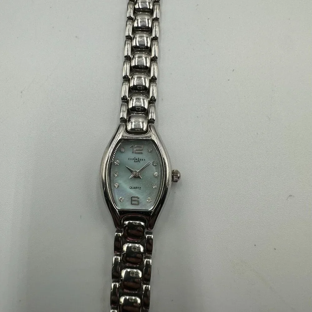 3/$30 L.A. Express Watch Women Silver Tone Blue Mother Of Pearl Dial 6.5" - Picture 3 of 14